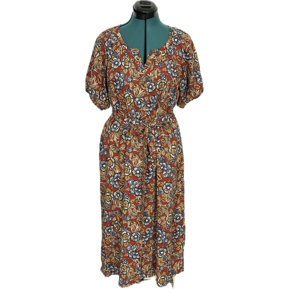 Faherty Carmel Linen Midi Dress Red Floral Small Relaxed Fit Tie Waist WDS2351